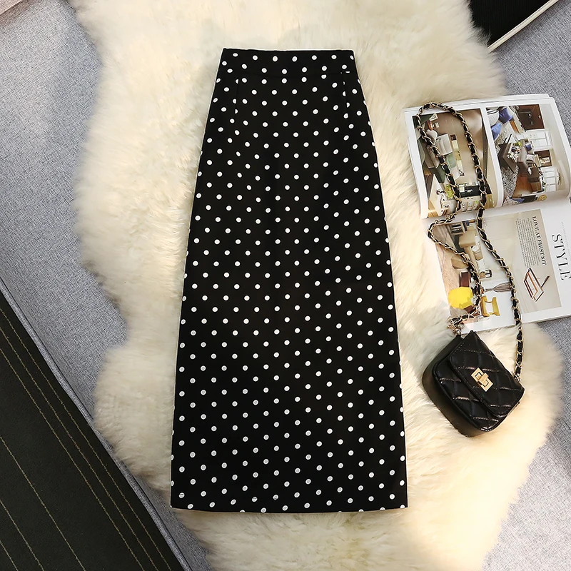 Seoulish z tylnym rozcięciem w kropki damskie spódnice w stylu Vintage elastyczny, wysoki talia elegancka spódnica biurowa Midi-line damska 2024 nowość