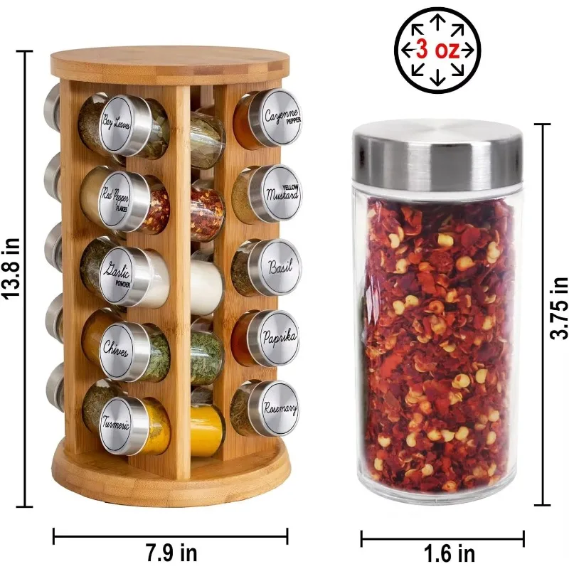 

20 Jar Rotating Tower Organizer Spice Rack Bamboo Rotating Spice Rack for Kitchen Seasonings Cabinet Countertop Storage Rack