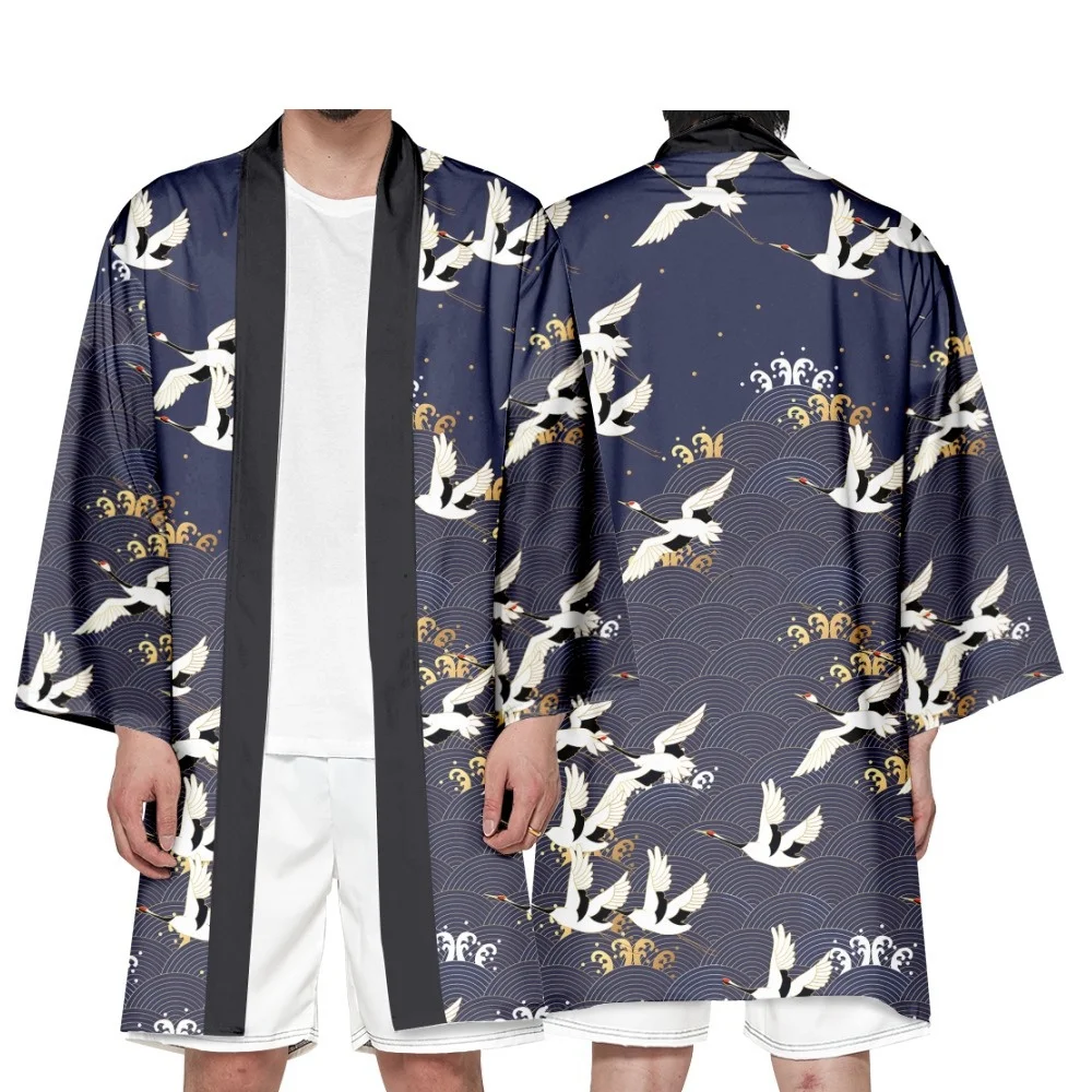 Kanagawa Crane Cardigan Harajuku Long Style Kimono Women Men Japanese Street Samurai Cosplay Yukata Tops Oversize 6XL