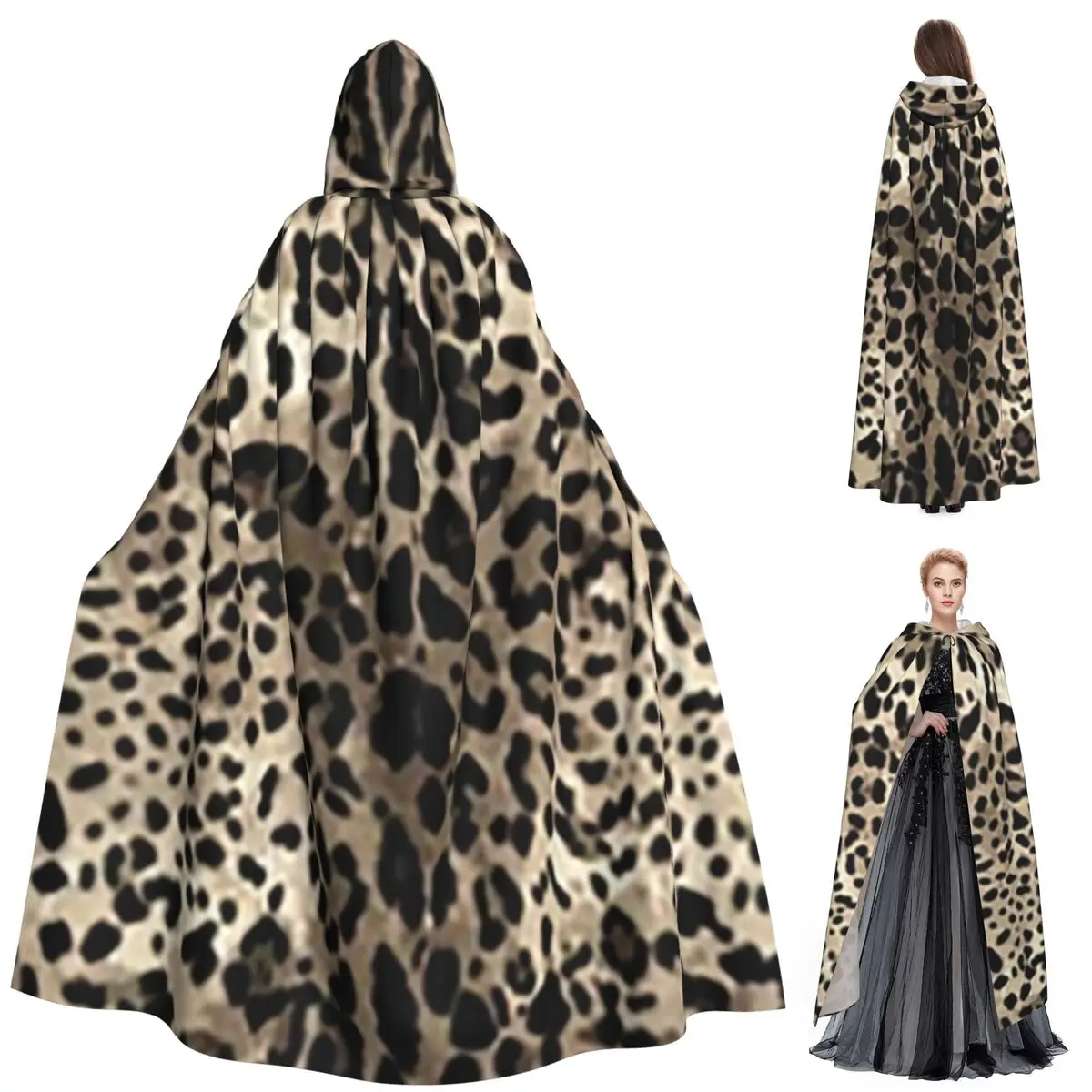 ليوبارد الجلد طويل مقنعين عباءة الساحرة القرون الوسطى زي تأثيري كيب هالوين حفلة الكبار للجنسين