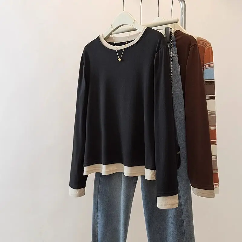 Korean Style Fleece Lined Loose Fit Color Block T-Shirt Women's Autumn Winter Casual Versatile Base Layer Top Soft Comfortable