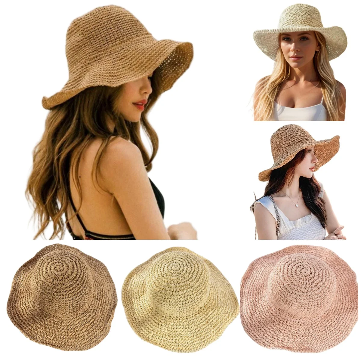 Summer Straw Sun Hat for Woman Foldable Natural Straw Bucket Hat Outdoor Hollw Breathable Fisherman Cap Travel Beach