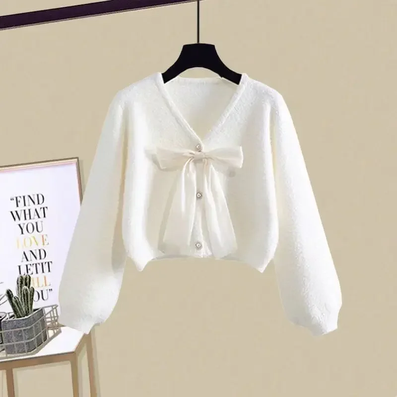 Spring Autumn Sweet Fashion Outfits Women\'s 2023 Korean Edition Elegant Bow Sweater Shirt High Waist Slim Jeans Three Piece Set