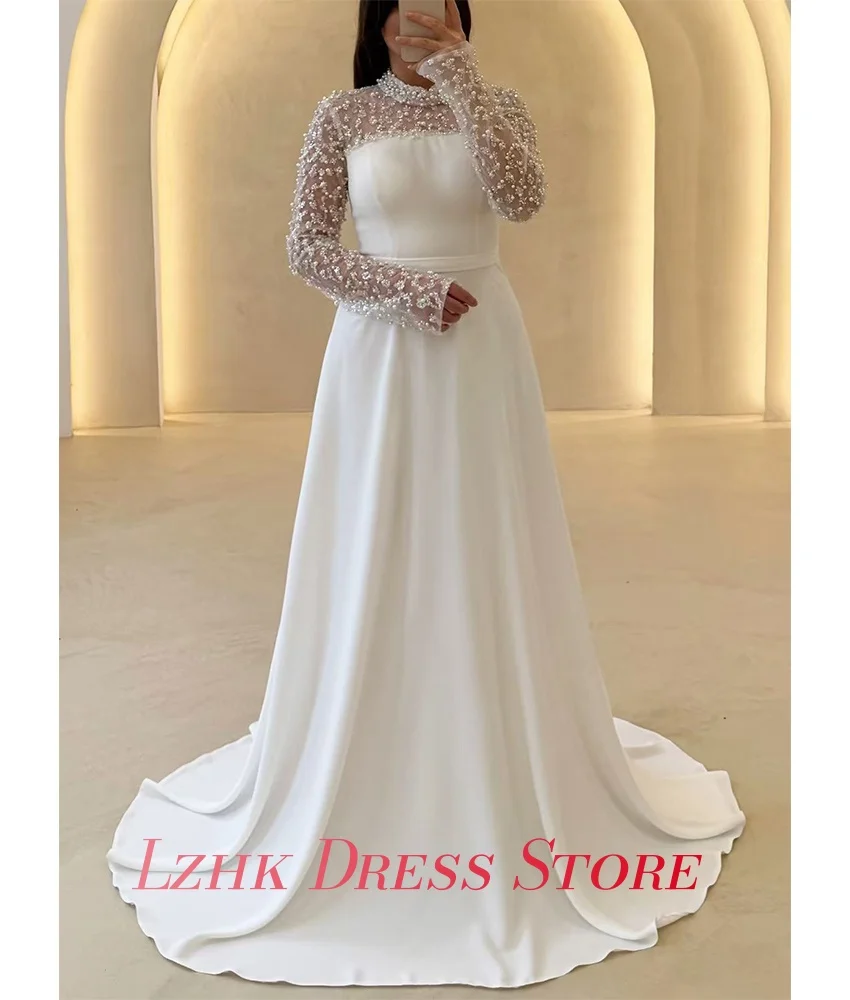 Op maat gemaakte prachtige jersey a-lijn avondjurk met lovertjes en kralen Hoge kwaliteit lange mouwen Hoge kraag فسات Mohamed 2017- 2017-