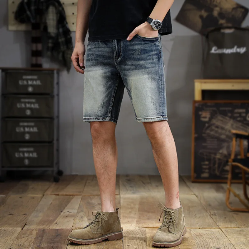 Street Retro Washed Denim Shorts Men's Summer Fashion Nostalgic Scrape Straight Slim Fit Trendy Capris Middle Pants