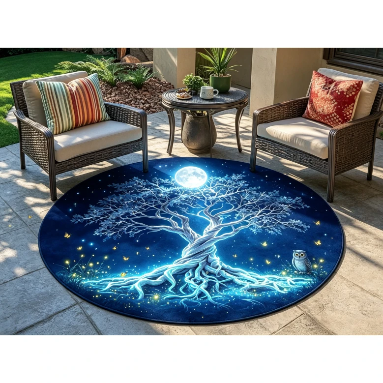 Sunset Tree of Life Round Floor Rug Golden Glow Twisted Root Scenery Pattern Decor Area Rug for Patio Indoor Home Ornament