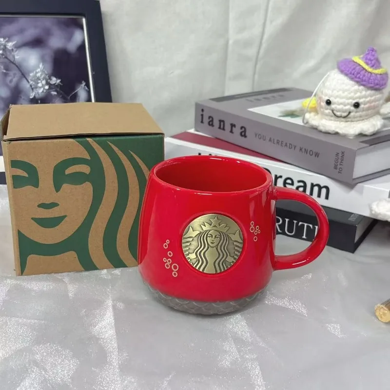 

Starbucks 12oz Style Red Ceramic Coffee Mug with Bronze Logo, 355ml Ideal Gift for Coffee Lovers