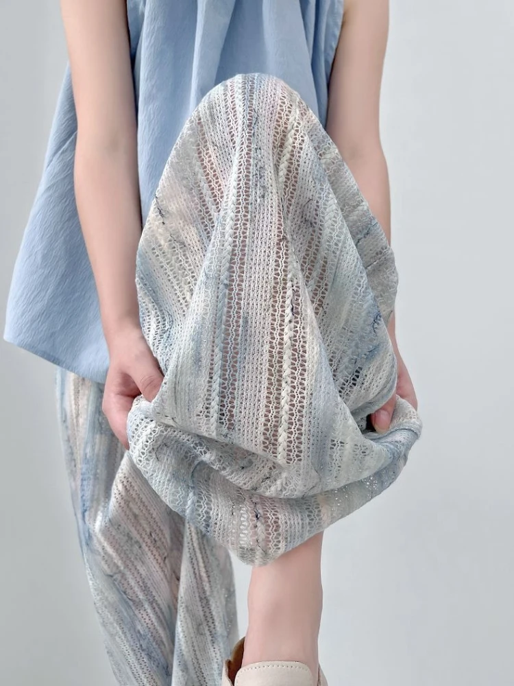 

Summer New Women Lace Wide Leg Trousers Tie Dye High Waist Draped Casual Slimming Lazy Cool Breathable Ice Silk