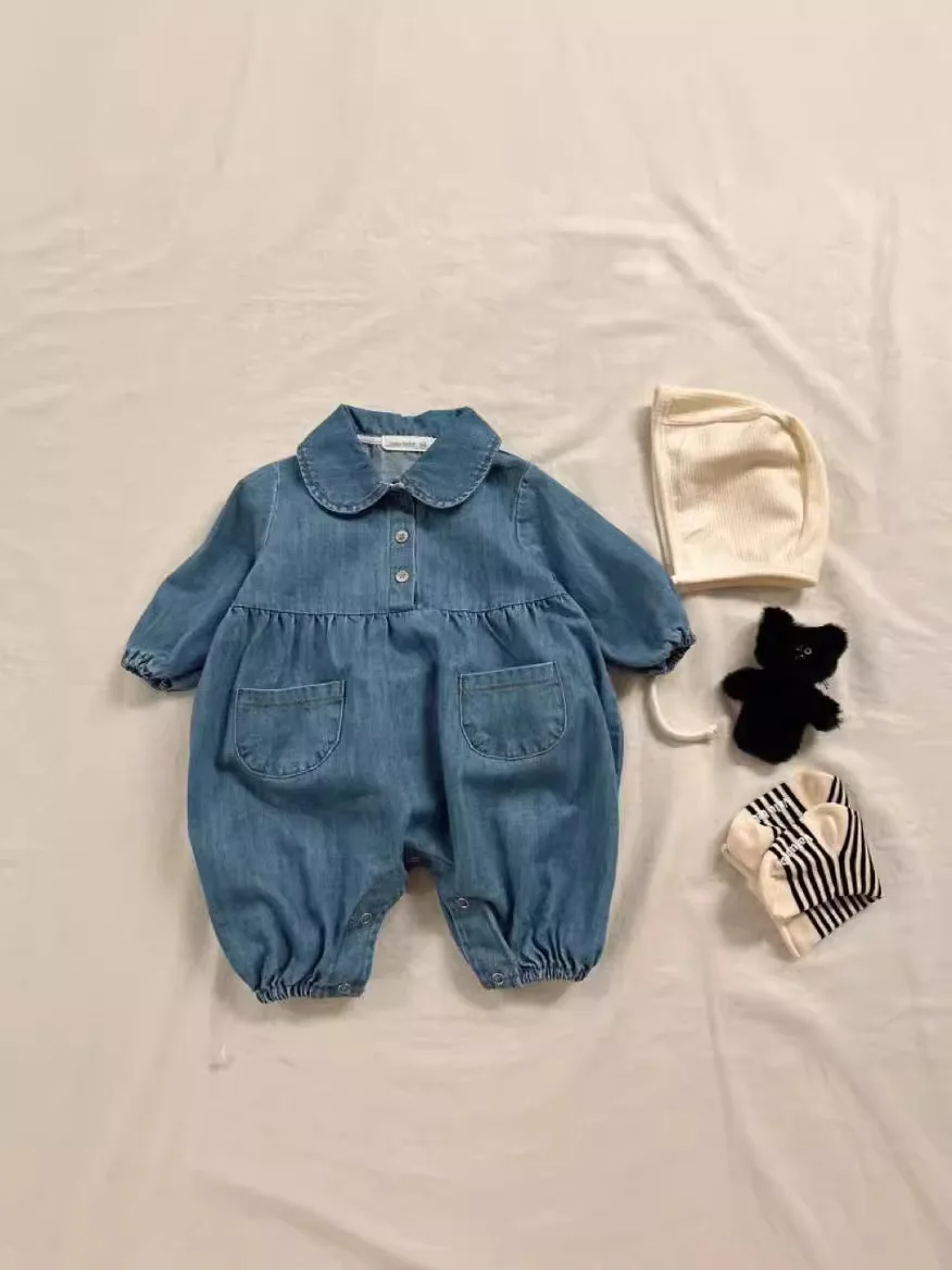 2025 Autumn New Baby Long Sleeve Romper Solid Infant Boy Girl Cute Lapel Denim Jumpsuit Newborn Toddler Casual Clothes 0-24M