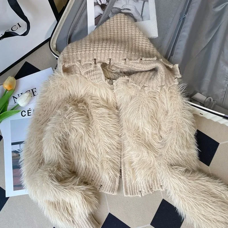 

Women's Fashion Mink Coat Sweater Jacket 2024 Autumn Winter Women's New Solid Color Short Hooded Knitted Cardigan A846