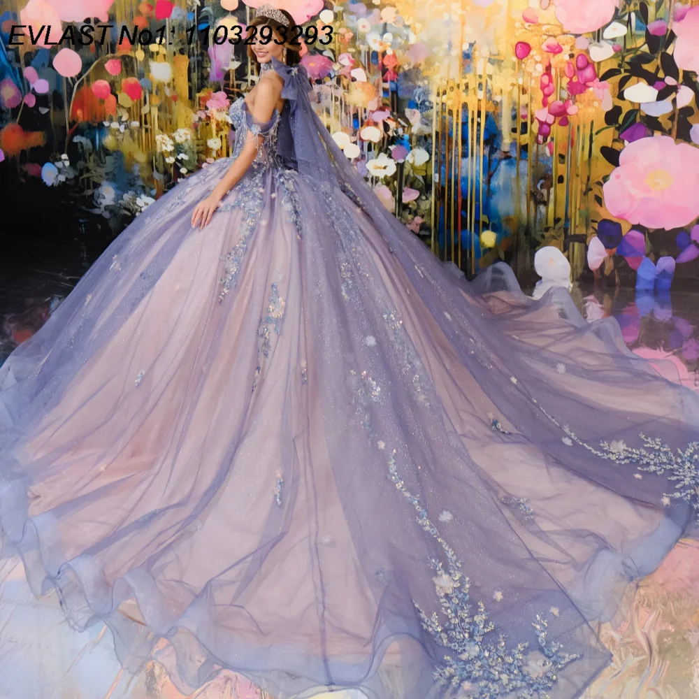 EVLAST personalizado brillante Rosa vestido De baile vestido para quinceañeras apliques De lentejuelas capa con cuentas dulce 16 Vestidos De 15 Anos E1QN271
