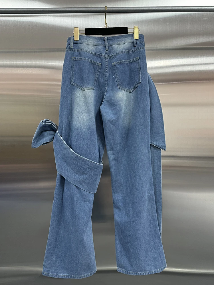 Pantaloni in Denim Streetwear con fiocco impiombato VGH per le donne tasche Patchwork a vita alta Caual pantaloni larghi larghi a gamba larga moda