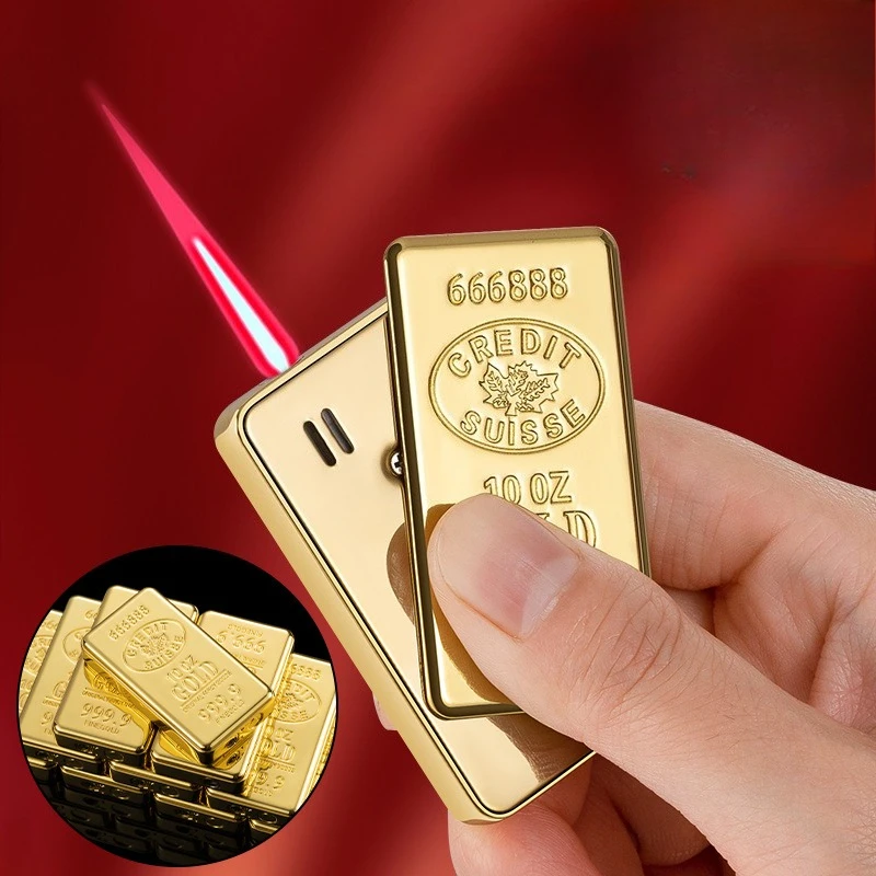 

New Red Flame Side-sliding Gold Bar Lighter Windproof Compact Gold Brick Cigarette Lighter Men's Gift Cigarette Accessories