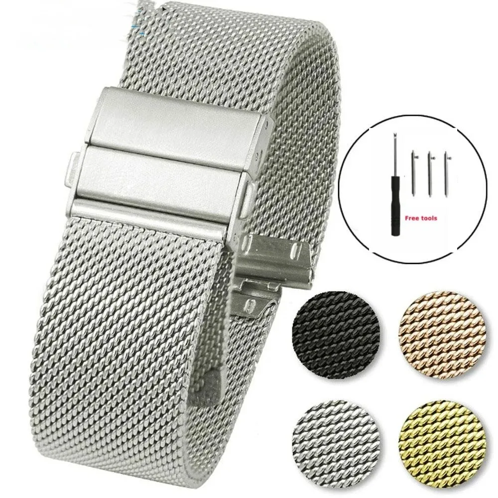 16mm 18mm 20mm 22mm Quick Release Stainless Steel Mesh Milanese Strap Watchbands Double Press Butterfly Clasp Accessories