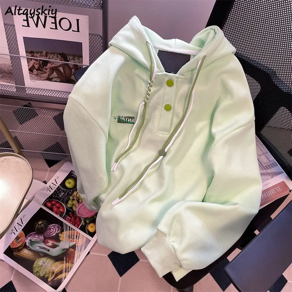 

Hooded Sweatshirts Letter Embroidery Buttons Vintage Loose Casual Coats Literary All-match Ulzzang Slouchy Tender New Fashion