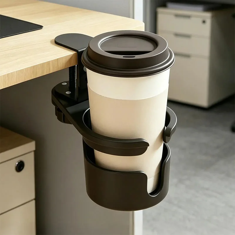 Desk Side Clamp-On Cup Holder Rotatable Bottle Mount Bracket Stable Adjustable Table Side Drink Rack For Office Desktop Storage