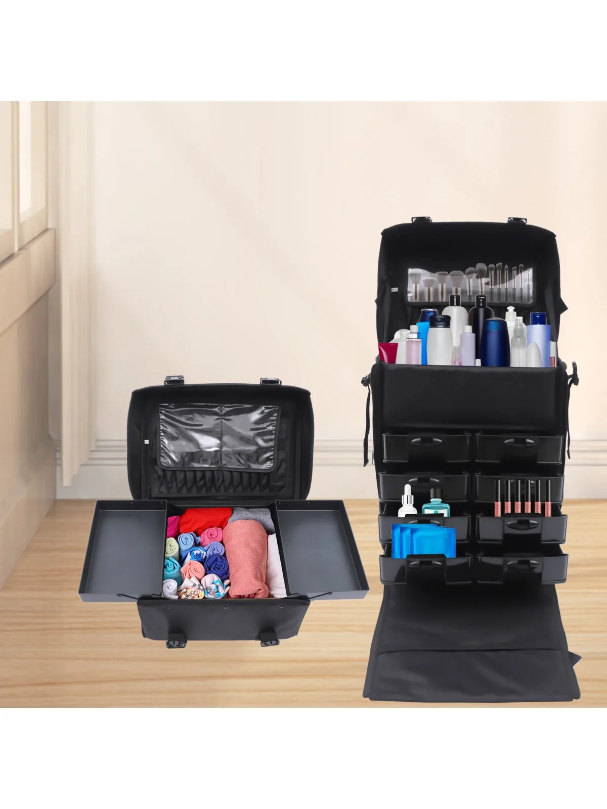 2-in-1 cosmetische trolley, rollende make-up koffer met 8 laden & borstelhouder, draagbare beauty opbergorganizer, voor visagisten - afbeelding 2
