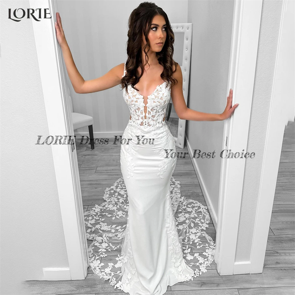 LORIE Vintage Lace Mermaid Wedding Dresses Deep V-Neck Applique Train Bodycon Bridal Gown Spaghetti Straps Bride DressCustomized