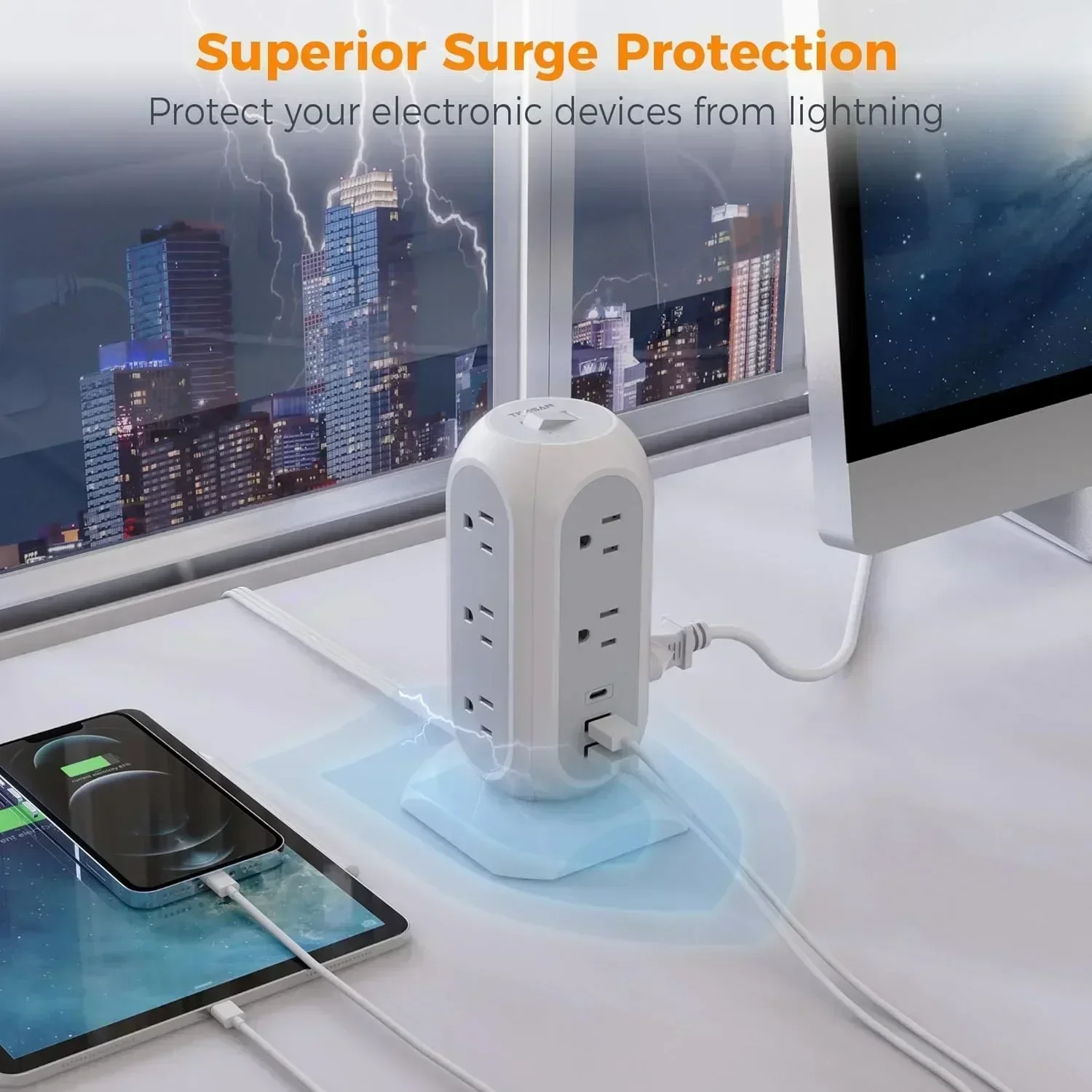 TESSAN Surge Protector Power Strip Tower Flat Plug Extension Cord with 11 AC Outlet 3 USB Port 1050J Protection Charging Station