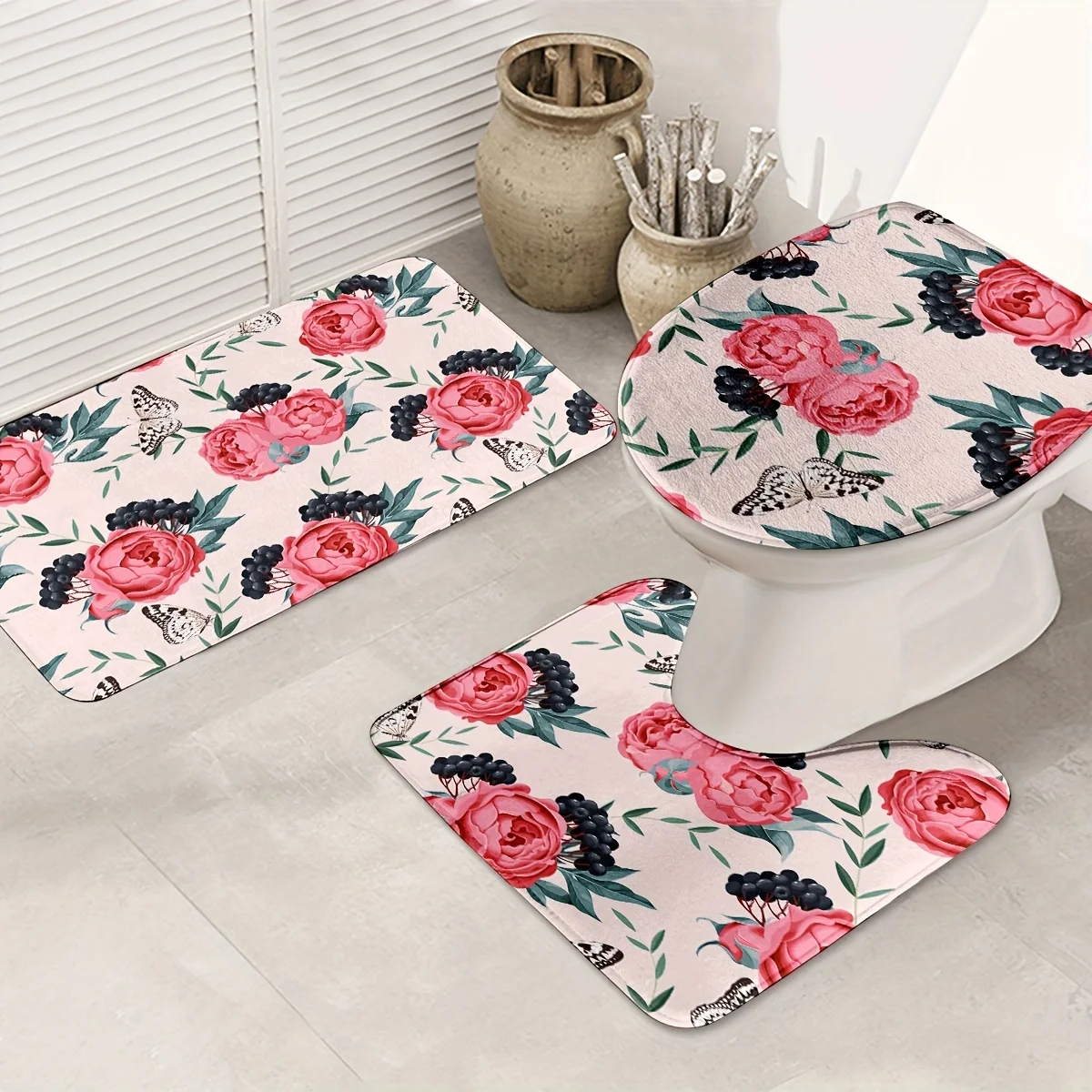 

Набор из 3 предметов для декора ванной комнаты с акварельными цветами, полиэфирная ткань, можно стирать в машине, U-образный коврик, нескользящий коврик, чехол на сиденье унитаза