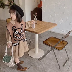 Girls' Clothing Set Corduroy Long Sleeved Dress Cartoon Sweater Vest 2024 Autumn and Winter Clothing New Fashionable Kids Suits