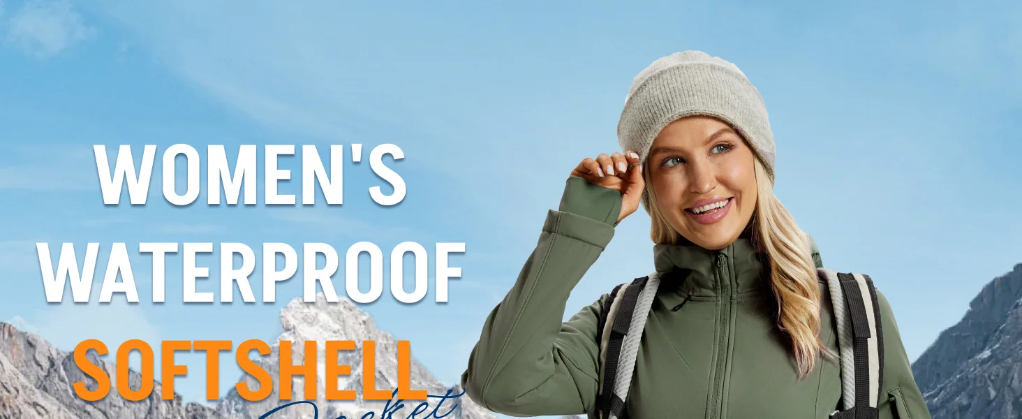 TACVASEN Womens Fleece Lined Softshell Jacket Waterproof Hiking Coat with Hood Thumbholes Lightweight Windproof Full Zip Jacket