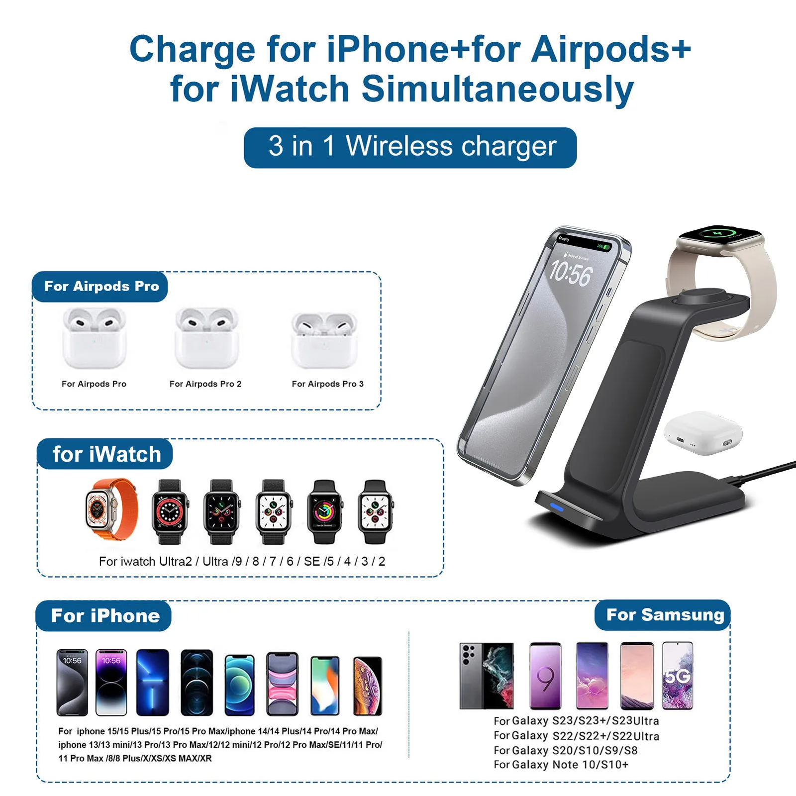 ワイヤレス充電器スタンド,iPhone 3 in 1,Airpods pro 2 3,iwatch 9, 8, 7, 6, 15, 14, 13, 12, 11用急速充電ステーションアップルウォッチ