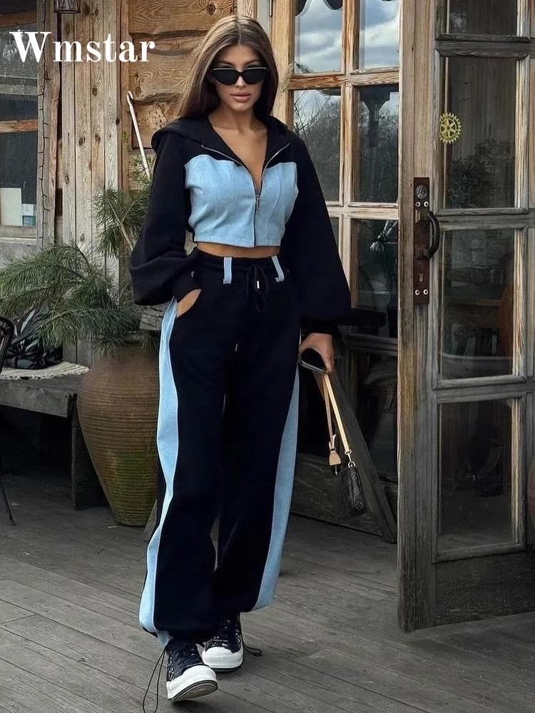 

Wmstar Two Piece Sets Women Wholesale Tracksuit Sweatshirt Denim Patchwork Hoodie Top Trousers Pants Sets Fall Matching Suit