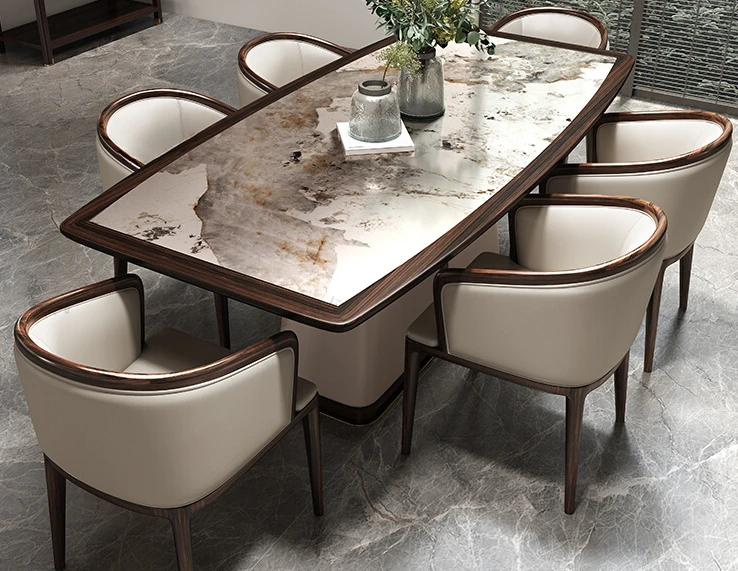 Solid wood rectangular rock slab table modern dining table and chair combination