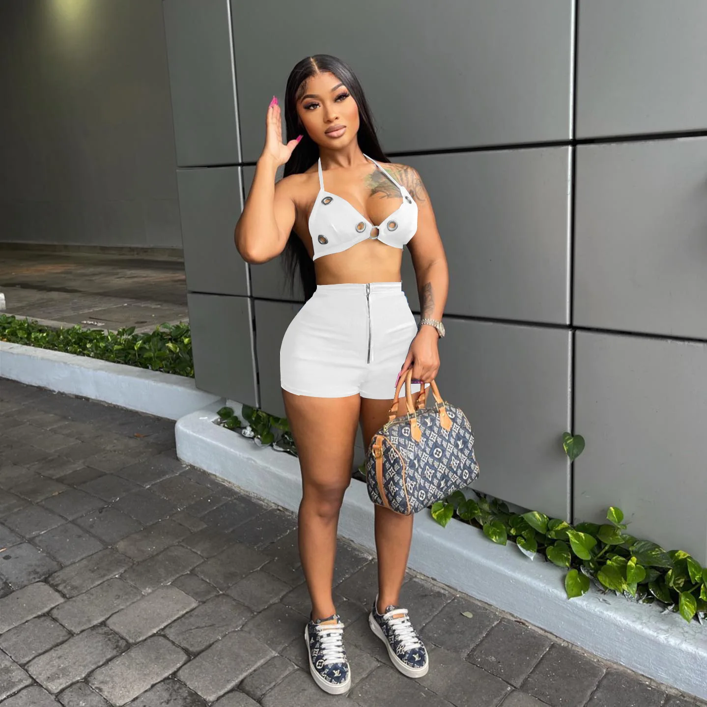 Sexy Grommet Short Tracksuit Women Summer 2023 Lace Up Bra Crop Top + Zipper Shorts Skinny Club Two Piece Set Casual Streetwear