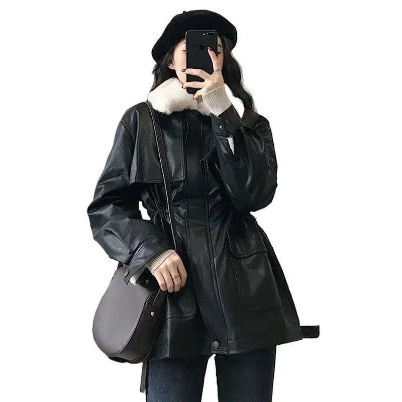 

Vintage Design Fur Collar PU Leather Jacket Faux Leather Women's Fleece Thickened Loose and Thin Parker Leather Jacket Top New
