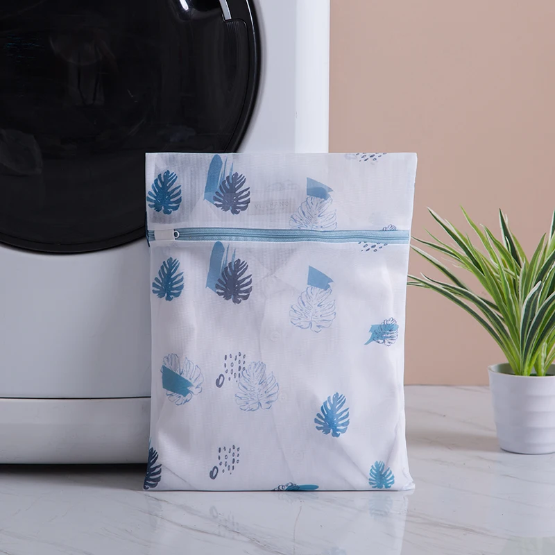 Laundry Bag Print Blue Leafves Dirty Clothes Cleaning Protect Washing Bag Household Clothes Organizer Mesh Zipper Laundry Bags