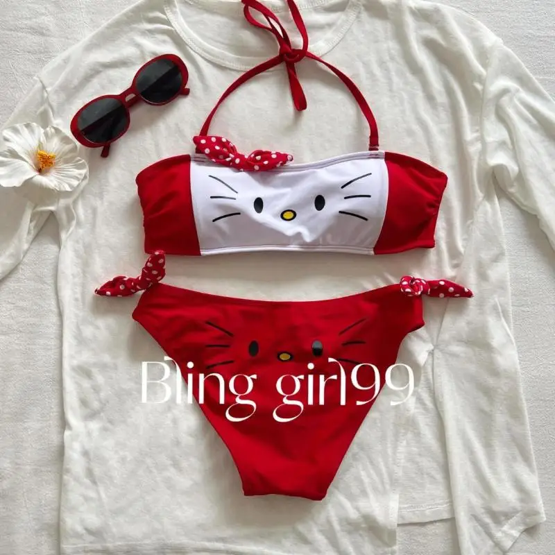 سانريو ملابس السباحة مرحبا كيتي مثير بيكيني Ins نمط Kawaii فتاة خنزير صغير الثدي مثلث زي سباحة من قطعتين الساخن الفتيات جزيرة الطيران
