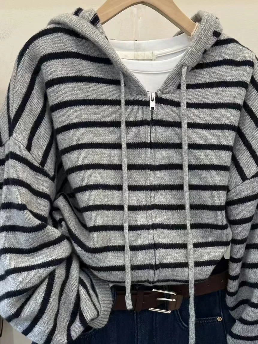 

Women's Loose Fit Long Sve Striped Knitwear Zipper Hoodie Versatile Casual Faion plus Size Comfortable Breathable Autumn...