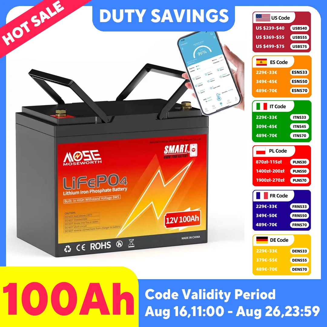 MOSEWORTH 12V 100Ah LiFePo4 Akku Eingebauter 100A BMS Lithium-Eisenphosphat-Akku Wiederaufladbare Bateria für Solarboot