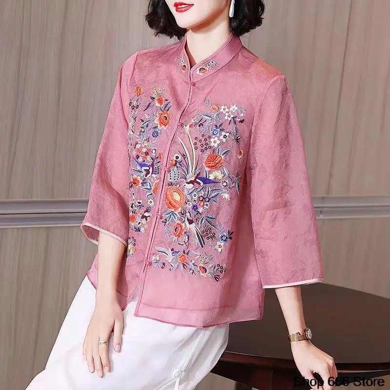 Vêtements traditionnels chinois en mousseline de soie pour femmes, Qipao brodé, chemise ethnique, haut à la mode, printemps, été, 2024