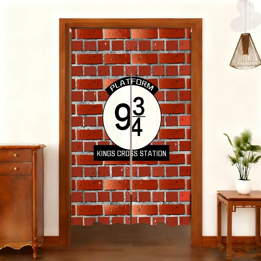 Harryy Potters 9/4-Zug-Plattform, Backsteinmauer, Fotografie-Hintergrund, magische Schultür, hängendes Banner, halber Vorhang, Baby-Portrait