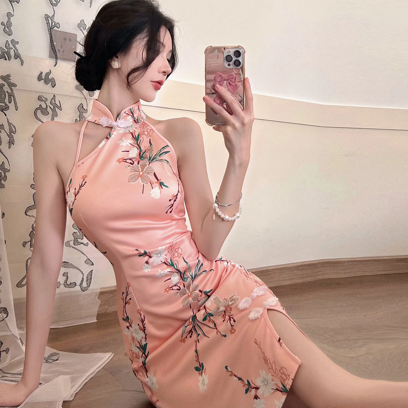 Sexy Modern Cheongsam For Women Chinese Dress Qipao Slim Body Trimming Sleeveless Young Fashion Floral Print Vintage Retro