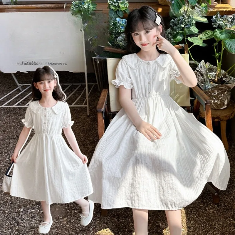 

Girls Pearl Collar Dress Summer Children Short Sleeved Princess Dress Kids White Castle Party Dress Holiday Gift Skirt