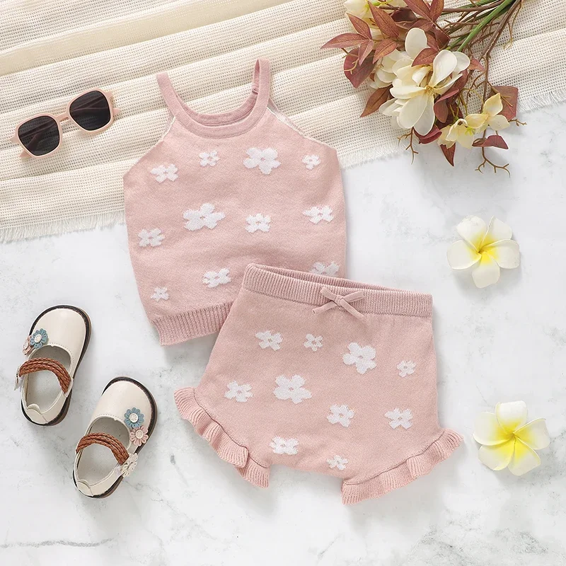 

Girl Baby Clothes Set Knit Infant Newborn Vest +Shorts Fashion Ruffles Cute Floral Toddler Kid Sling +Pants Summer 2pcs Playsuit