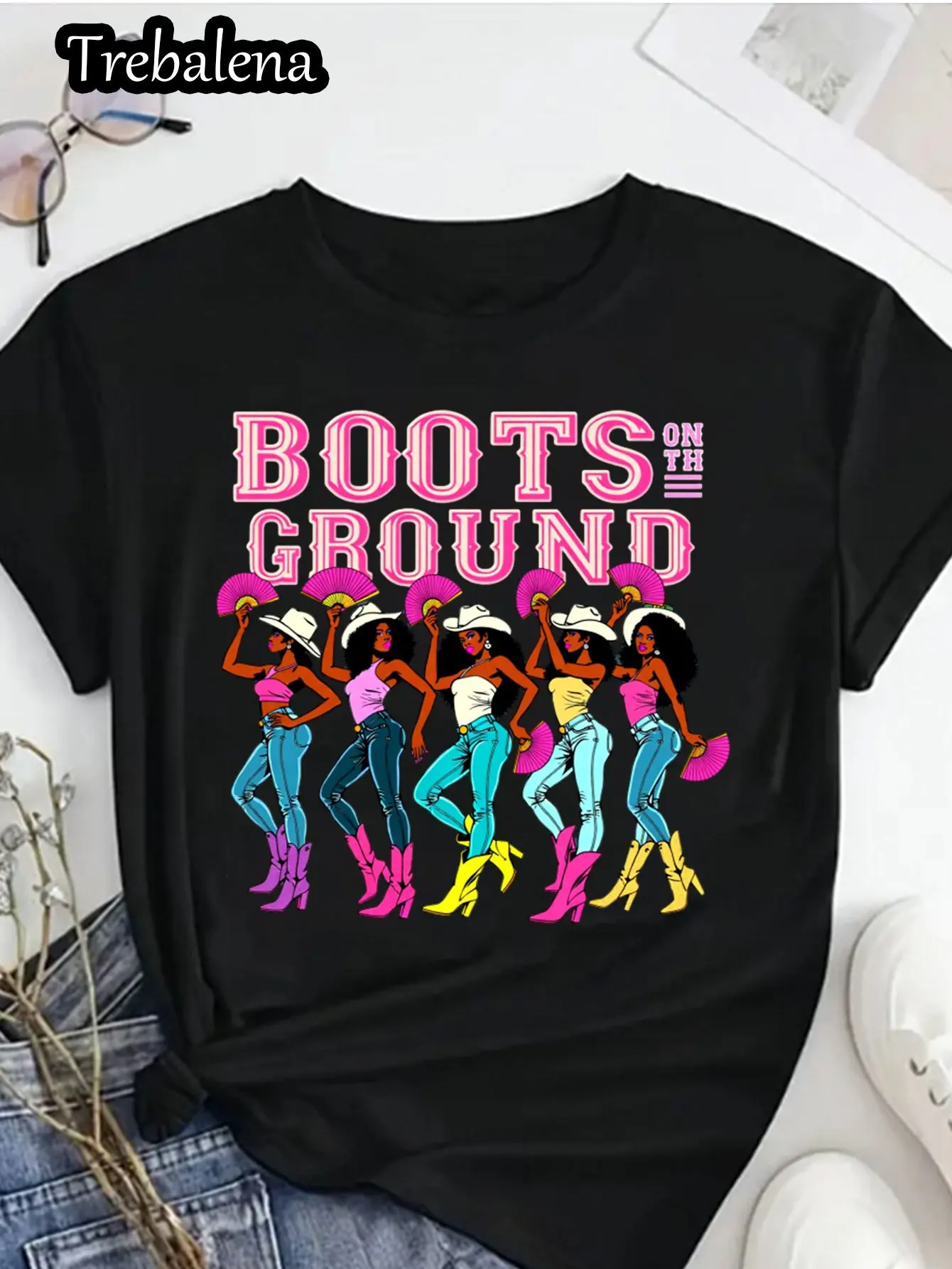 Plus Size Women's T-shirt Boots on the Ground Cowgirl Graphic Tee with Retro Boot and Hat Design Casual Summer Wear for Women