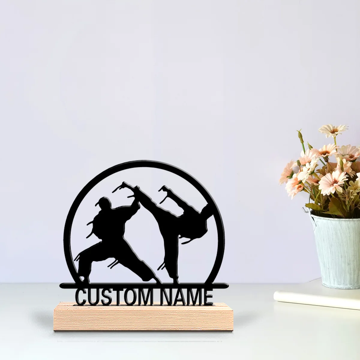 1pc Fun Personalized Custom Martial Arts Metal Statues Nature-Inspired Wooden Base Decor for Office Living Room Zen Calm Spaces