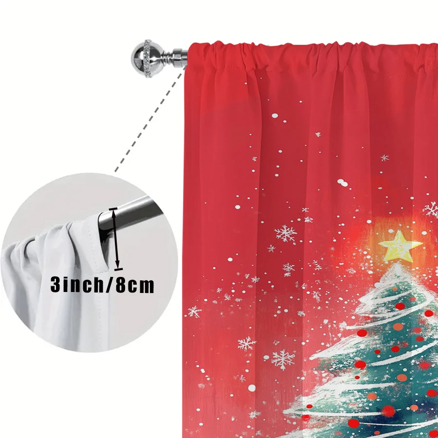 2PCS Red Christmas Tree Curtains, Snowy Winter Holiday Cartoon Illustration Window Drapes for Bedroom Living Room Decor