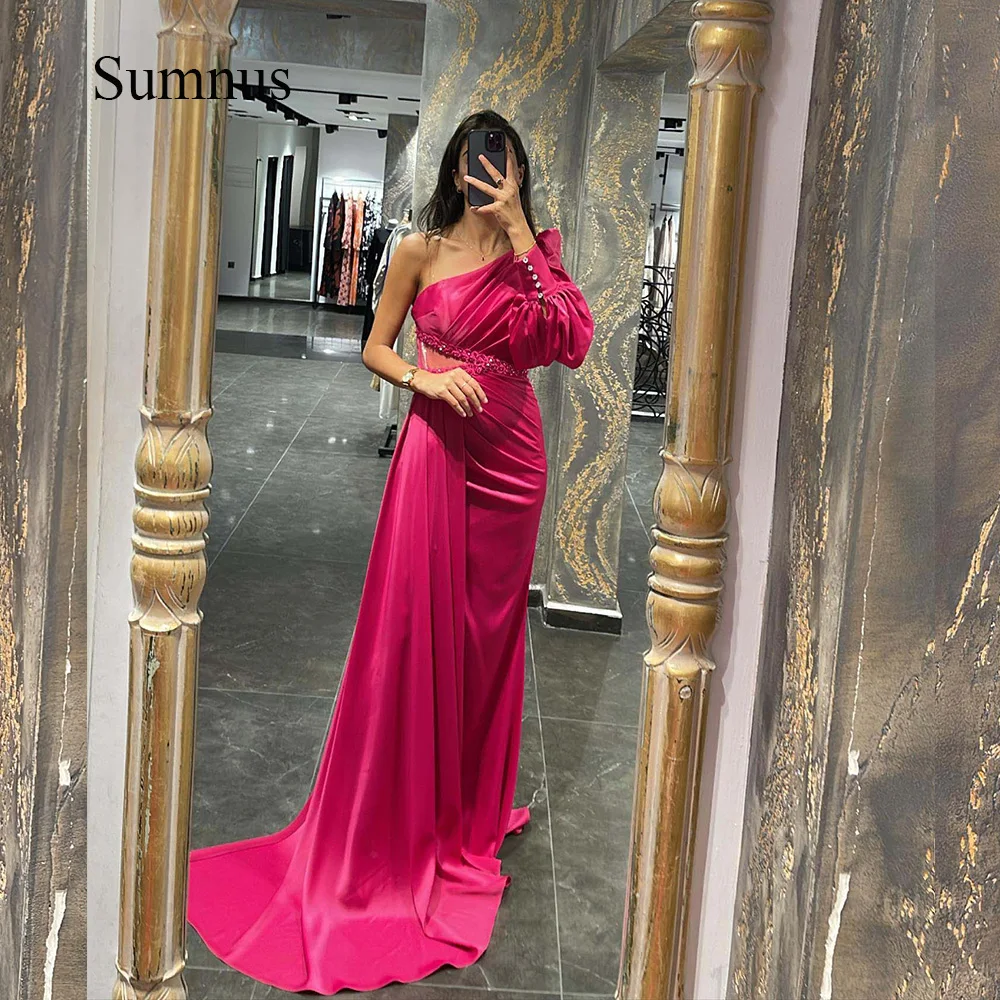 

Sumnus Fuchsia One Sleeve Evening Dresses Beads Belt Ruched Satin Party Prom Gowns Draped Train Formal Gowns Back Zipper