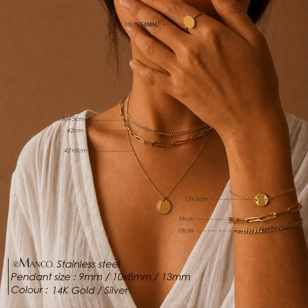 EMANCO Stainless Steel Multi Layer Round Disc Jewelry Set Necklace Bracelet Ring Stackable Matching Accessory Wholesale