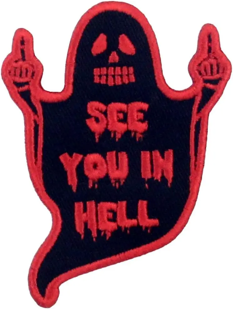 See You in Hell Ghost Patch Embroidered Biker Applique 5-6.8cm Iron On Sew On Emblem