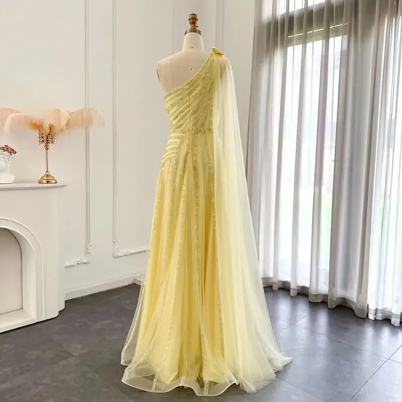 TaoYao Yellow Tulle Luxury Prom Dress One Shoulder Illusion Beaded Sequin Sleeveless Floor-Length Formal Occassion Dress 2023