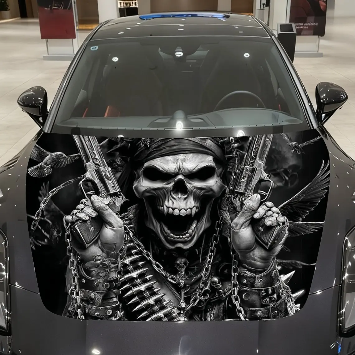 

Gun Wielding Skeleton Car Hood Vinyl Packaging-waterproof, Scratch Resistant, Self-adhesive Sticker, Red And Black Design, Durab