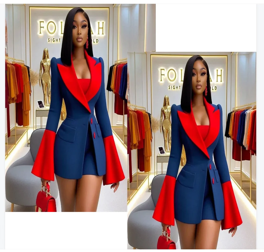 Ensemble de costume pour femmes, rouge et bleu, 3 pièces, haut, soutien-gorge, Blazer, pantalon court, veste de bureau formelle en coton, manteau d'invité de smoking de mariage personnalisé