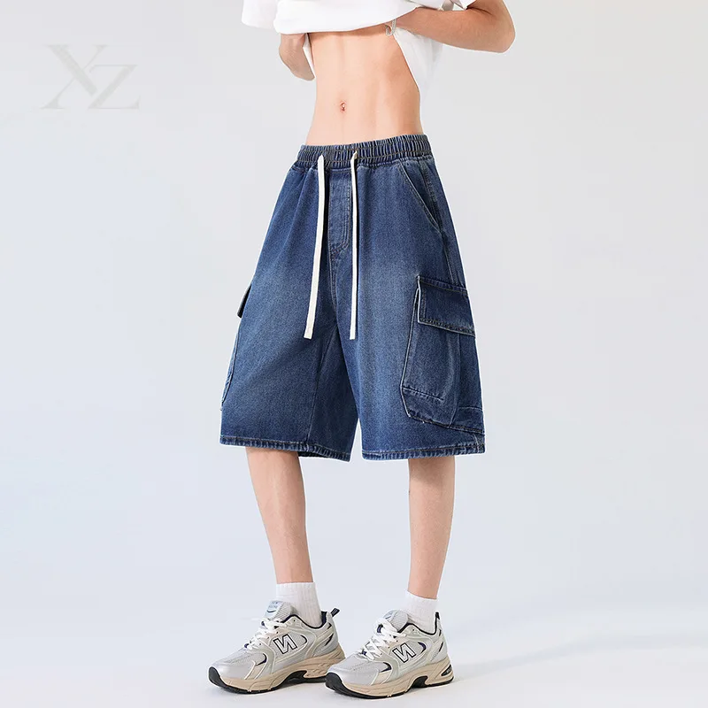 Opening Sale |Men's American High Street Cargo Denim Shorts, Loose Wide Leg Five-Pocket Jeans Shorts, Vintage Washed Casual Stre